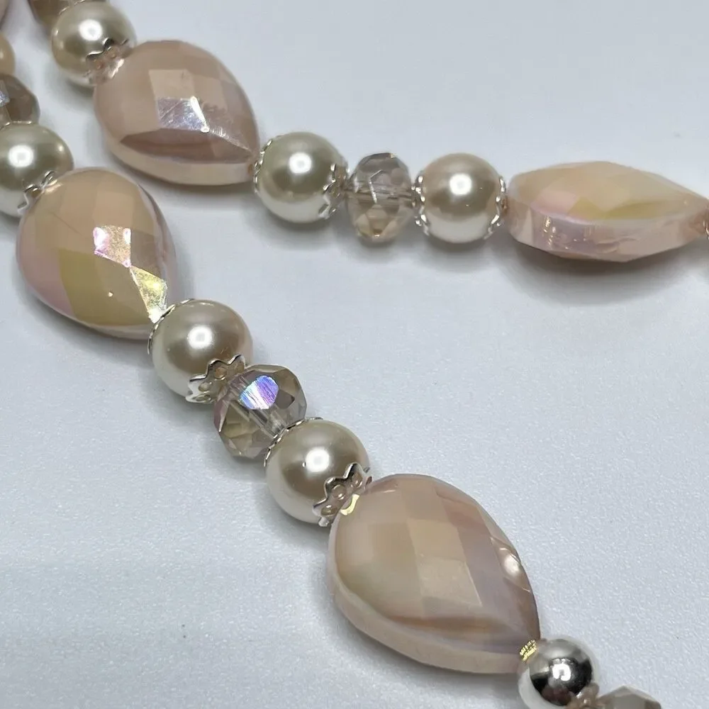 Artisan Blush Beige Pear Cut Glass Beaded Faux Pearl Necklace Earrings Set